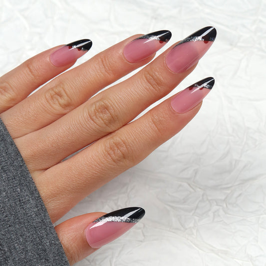 Elegant Noir Dream Long Almond Pink and Black Gradient Press-On Nail Set with Glitter Accent