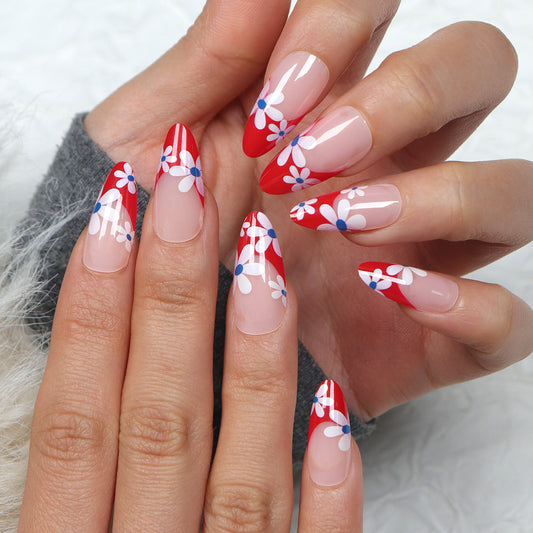 Floral Fiesta Long Almond Red and Clear Press On Nail Set with Charming Flower Accents
