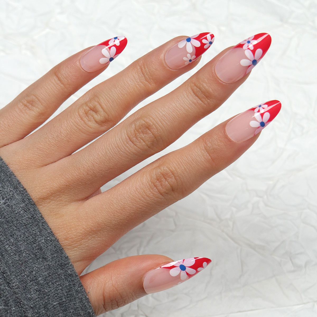 Floral Fiesta Long Almond Red and Clear Press on Nail Set with Vibrant Flower Accents
