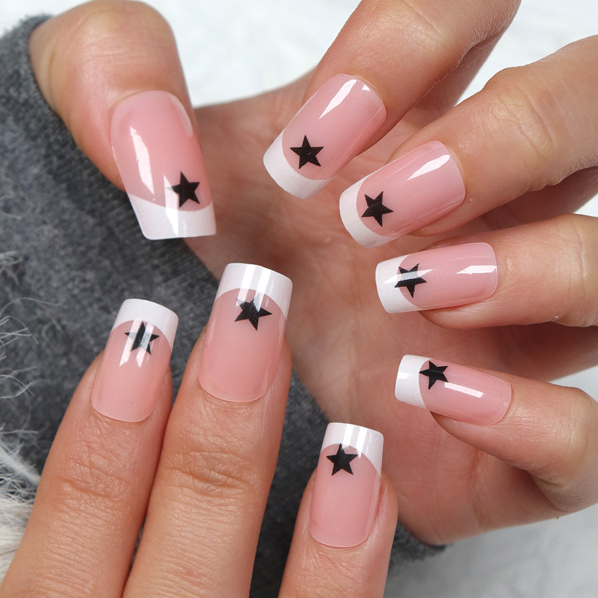 Starry Night Medium Square Pink Nails with Chic Black Star Accents