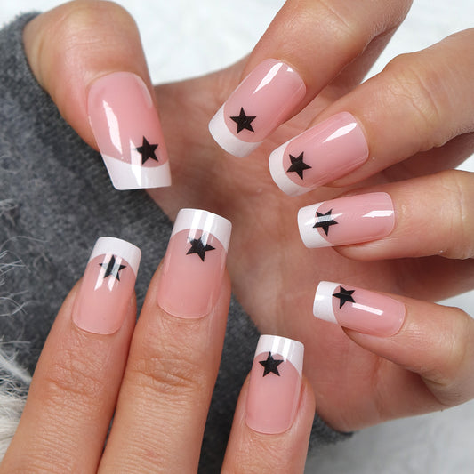 Starry Night Medium Square Pink Nails with Chic Black Star Accents