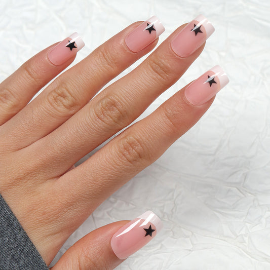 Celestial Glamour Medium Square Pink with Striking Black Stars Press-On Nail Set