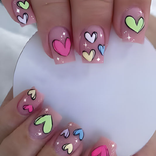 Love Inspired Lavender Short Square Glossy Heart Motif Press On Nail Set