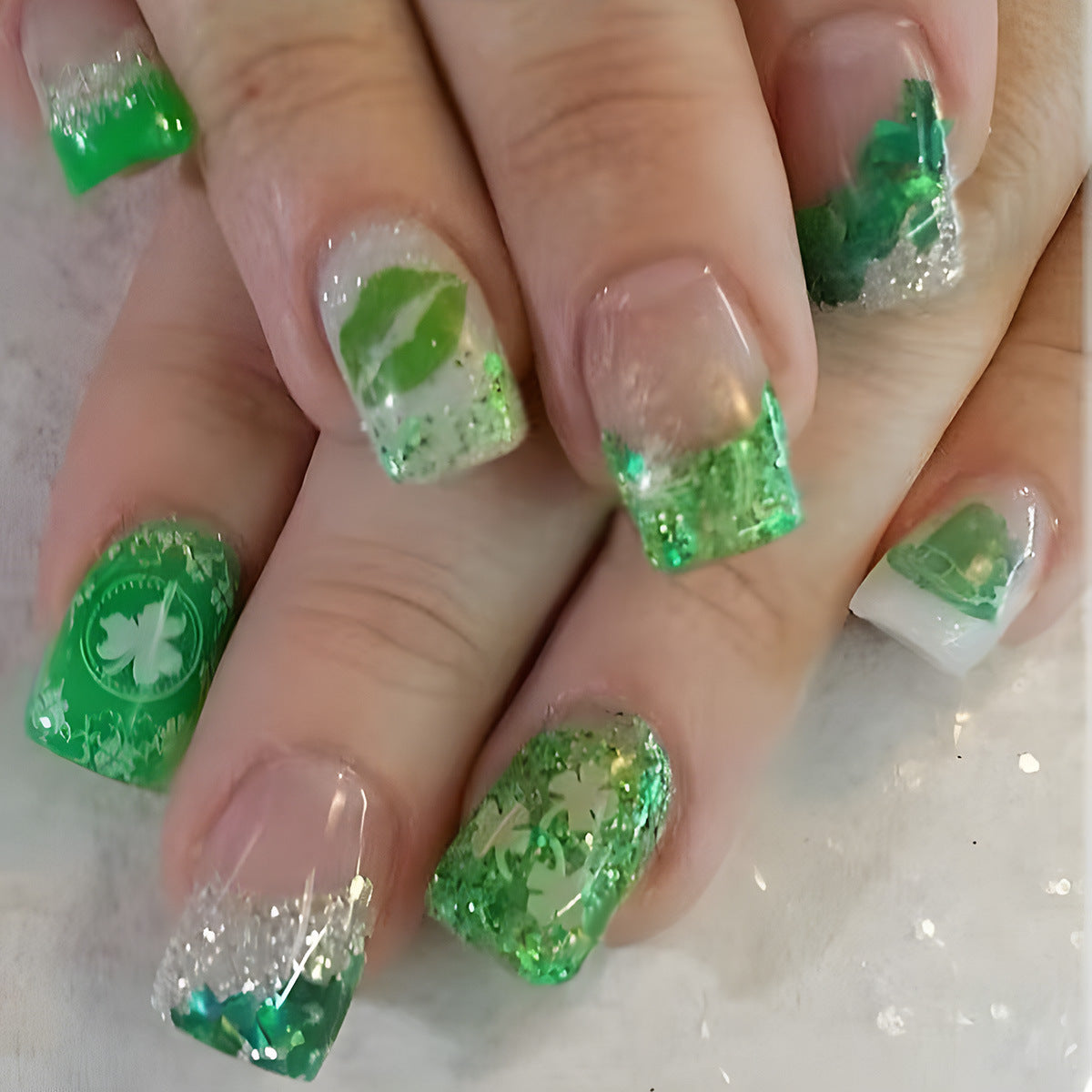 Lucky Charm Short Square Green Glitter Press On Nail Set with Botanical Designs