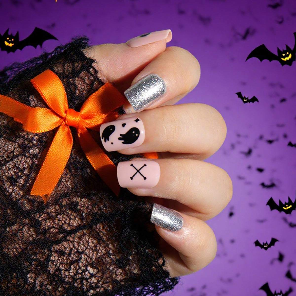Spooky Fun Medium Square Press On Nail Set in Soft Pink Silver Glitter with Ghost and Cross Designs
