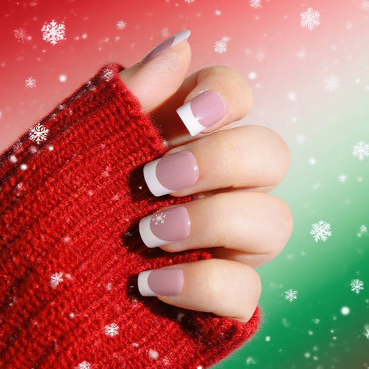 Winter Wonderland Medium Square Pink and White French Tip Press On Nail Set with Snowflake Accents