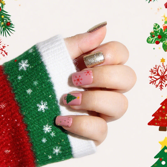 Festive Square Medium Pink and Gold with Holiday Designs Press-On Nail Set