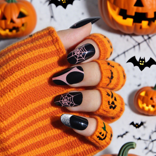 Spooky Charm Medium Oval Black with Spiderweb Design Press On Nail Set