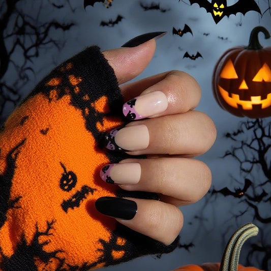 Hauntingly Spooky Medium Oval Black and Pink Gradient with Halloween Ghost Print Press-On Nail Set