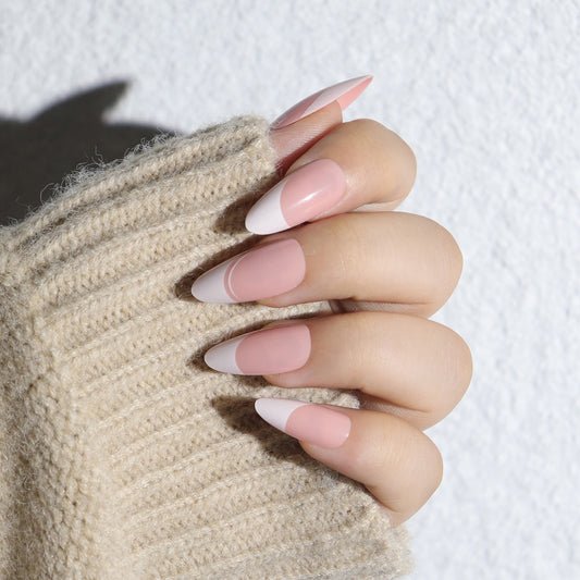 Whimsical Elegance Long Almond Pink and White Press-On Nail Set with Unique Curved Designs