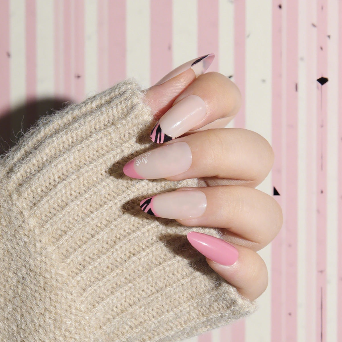 Enchanting Elegance Long Almond Pink with Glossy Finish and Striking Black Stripes Press-On Nail Set