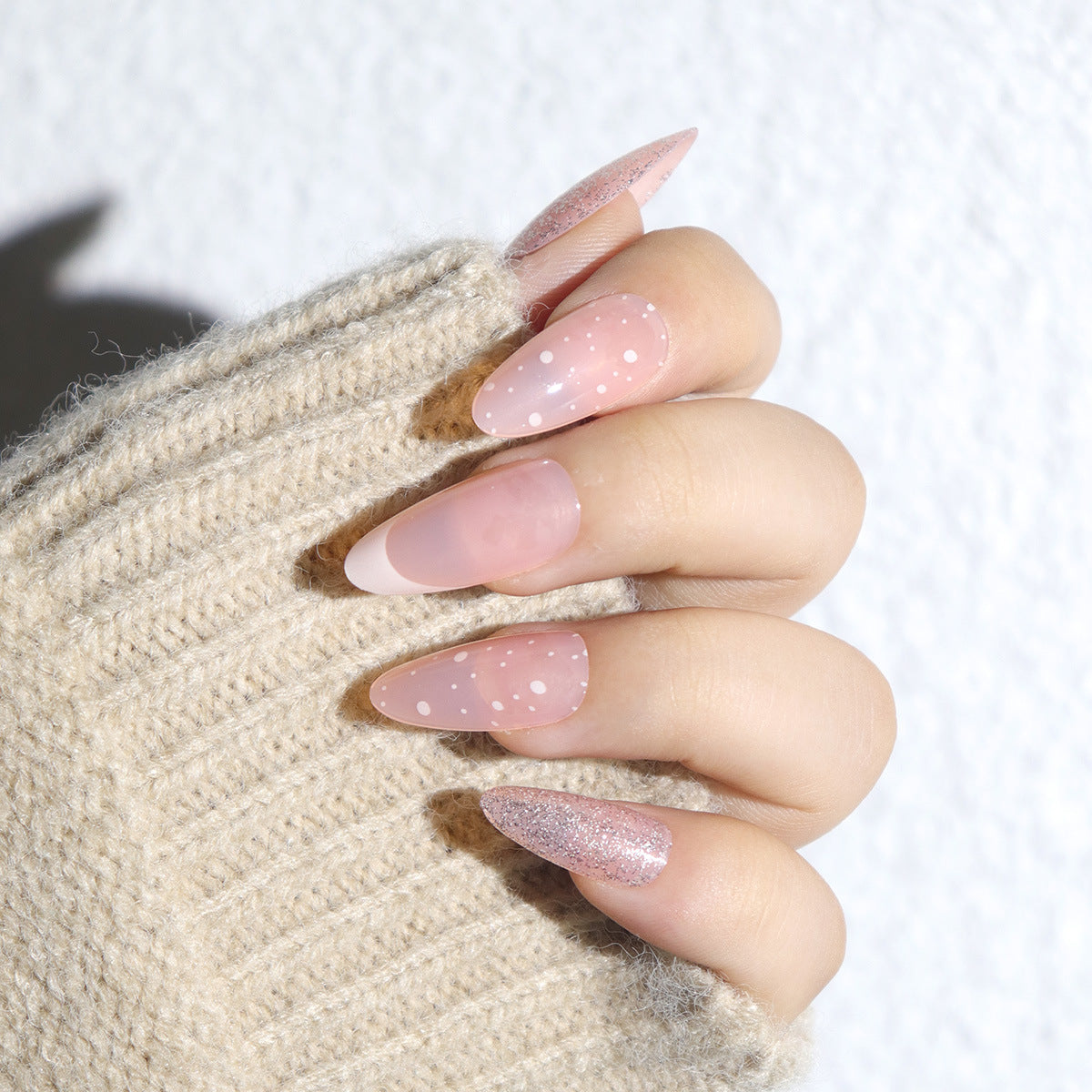Glamorous Dreamy Long Almond Shaped Pink Ombre with Sparkling Glitter and Fun Polka Dots Press On Nail Set