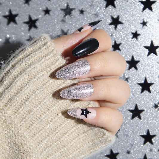 Celestial Glamour Long Almond Black and Silver Glitter Press-On Nail Set with Star Accents