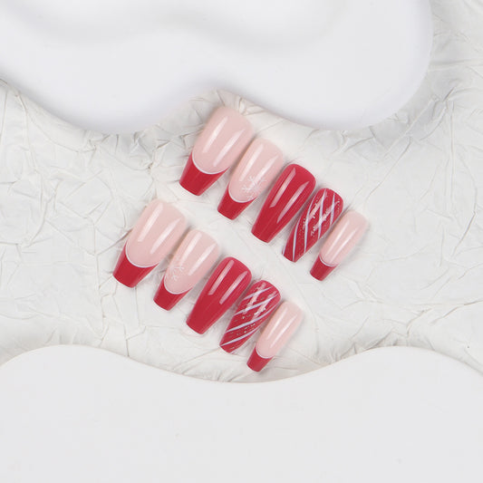 Winter Wonderland Glamour Long Coffin Red and Pink Press-On Nail Set with Intricate Snowflake Designs