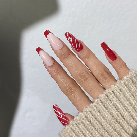 Festive Elegance Long Coffin Red and Pink Press-On Nail Set with Unique Striped Design