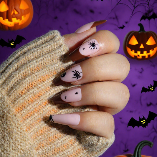 Spooky Autumn Gothic Long Coffin Press On Nail Set in Pink and Brown with Spider Accents
