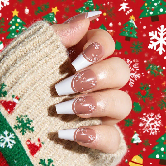 Winter Wonderland Long Coffin Beige and White Press On Nails with Snowflake Accents