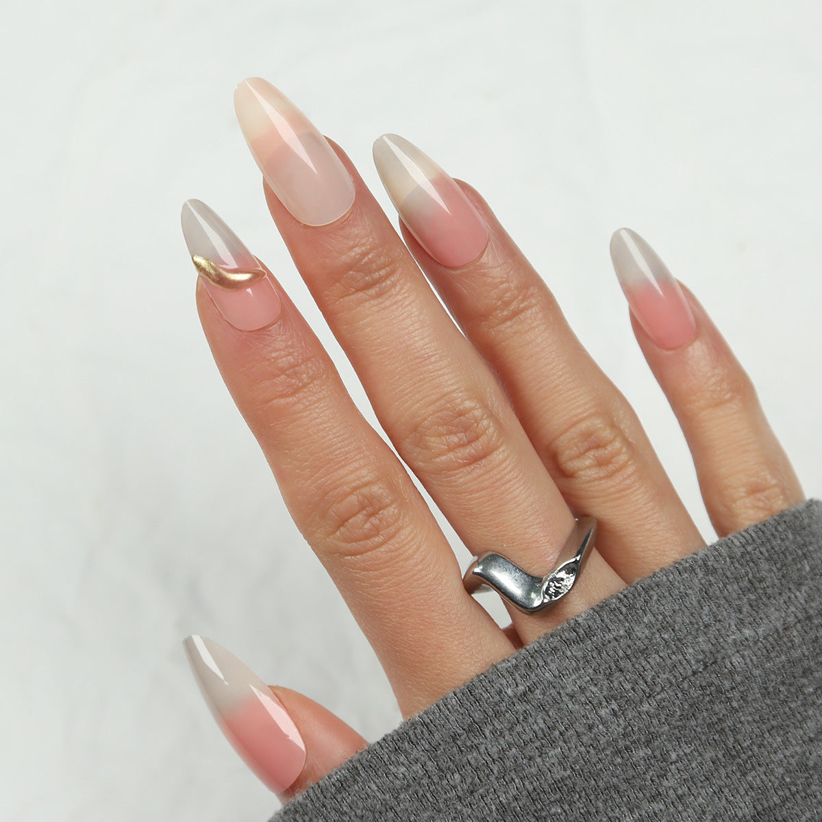 Elegant Dawn Long Almond Pink Ombre Press On Nail Set with Gold Accent