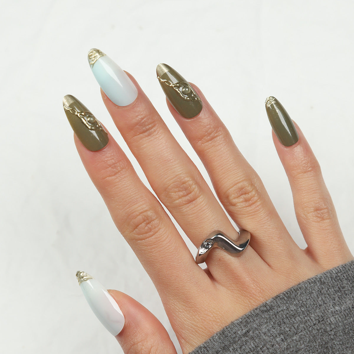 Chic Enchantment Long Almond Shape Multicolored Press On Nail Set with Elegant Gold Accents