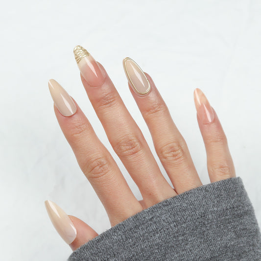 Elegant Glamour Long Almond Shaped Beige and Beige Press on Nail Set with Unique Gold Accent Design