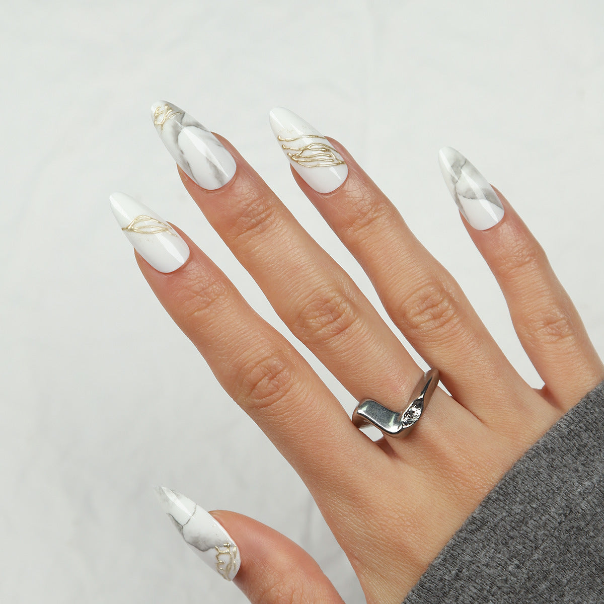 Elegant Marble Fantasy Long Almond White and Marble Press On Nail Set with Stunning Gold Accents