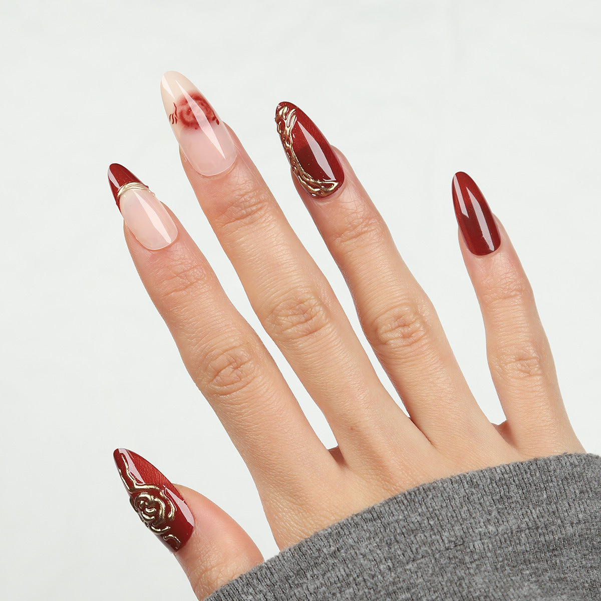 Elegant Rose Garden Long Almond Shape Burgundy and Beige Press-On Nail Set with Metallic Detailing