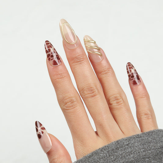 Safari Glamour Long Almond Brown Metallic Accents Press On Nail Set