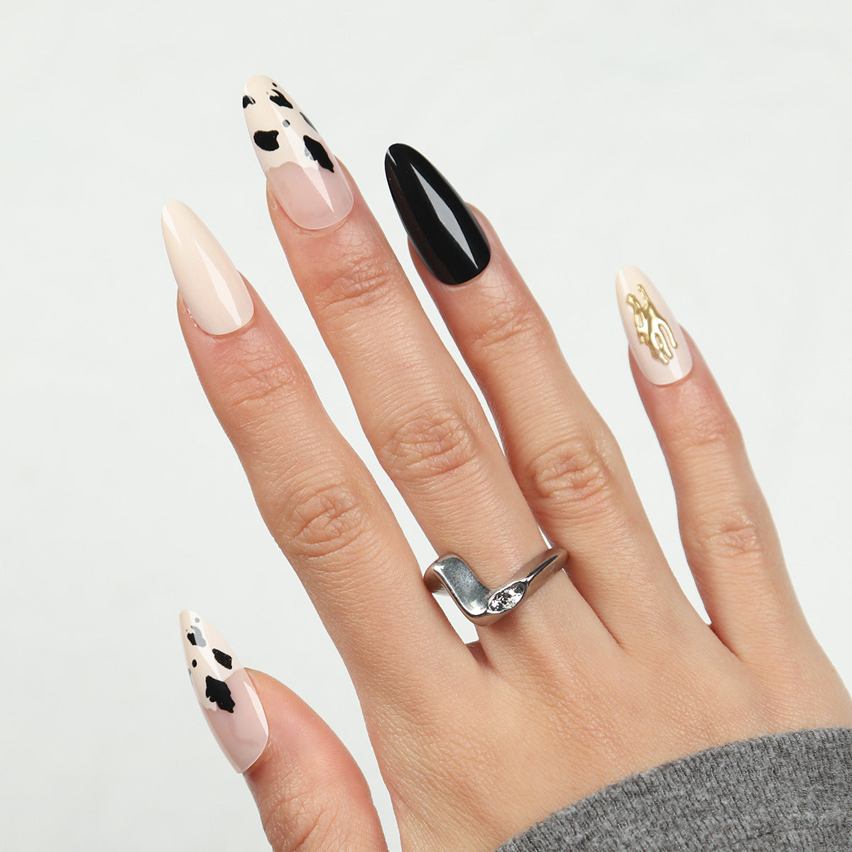 Chic Animal Print Long Almond Press On Nail Set in Soft Beige and Black with Unique Glossy Finish