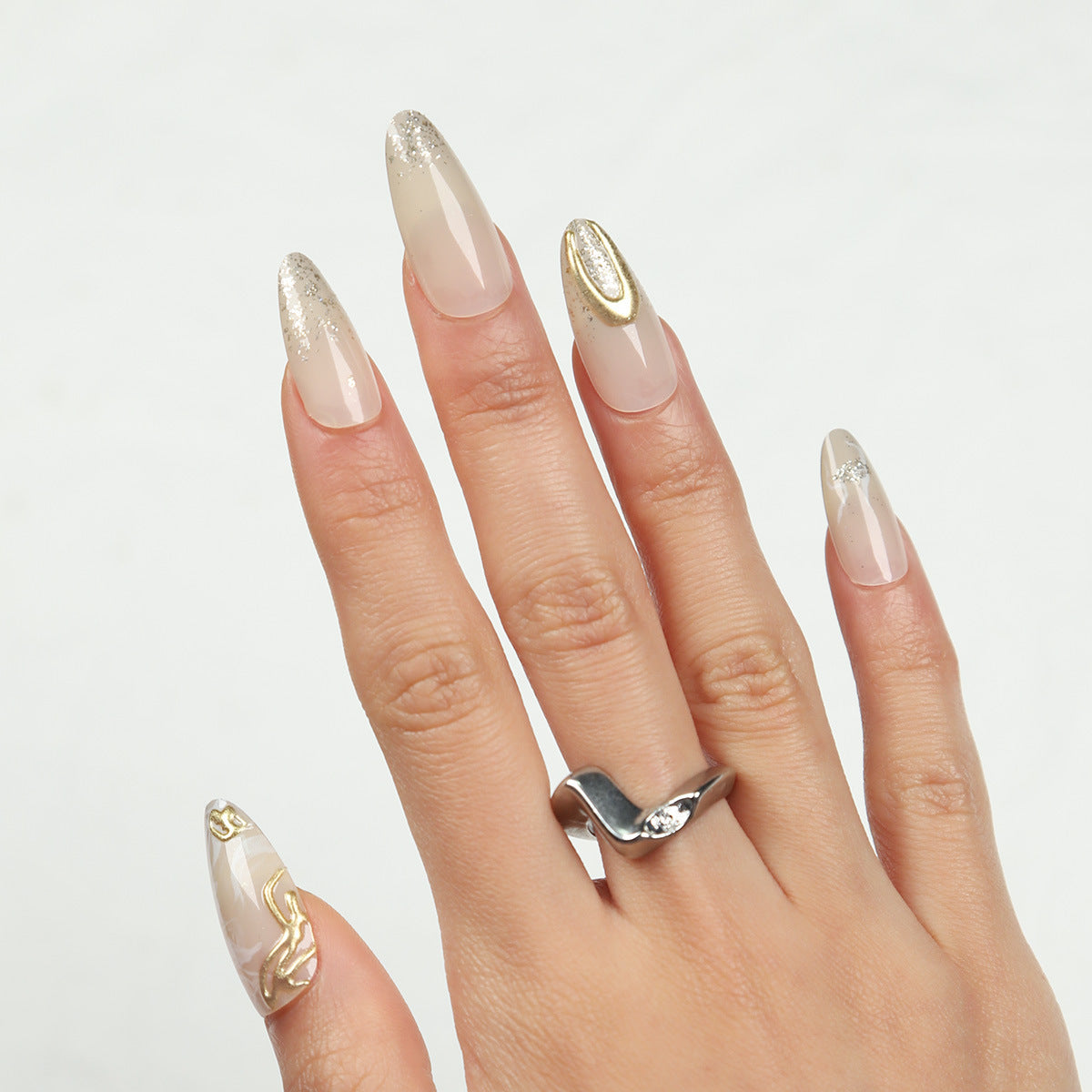 Glamorous Elegance Long Almond Beige with Glitter and Unique Gold Accents Press-On Nail Set