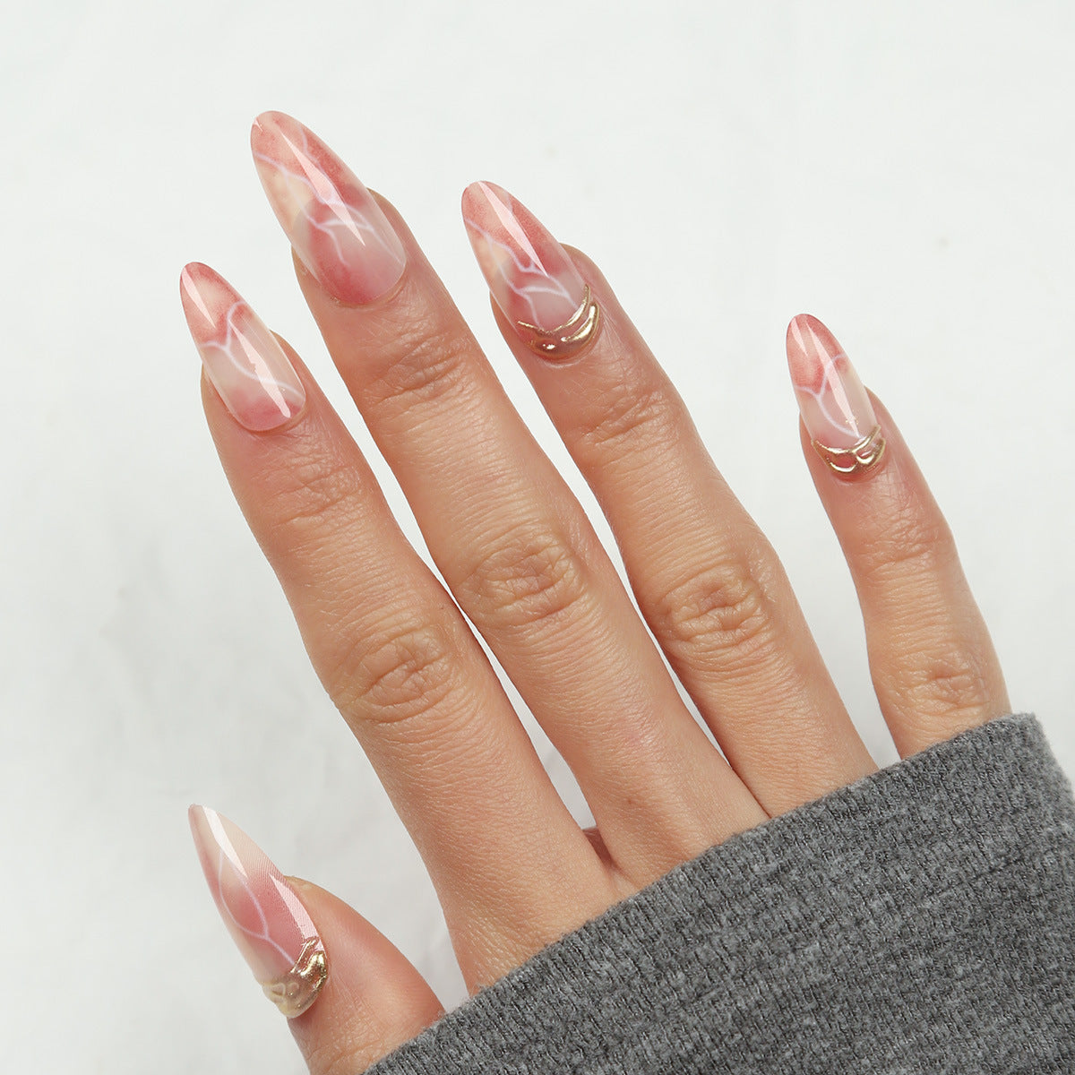Whimsical Elegance Long Almond Pink Marble Design with Metallic Accents Press On Nail Set