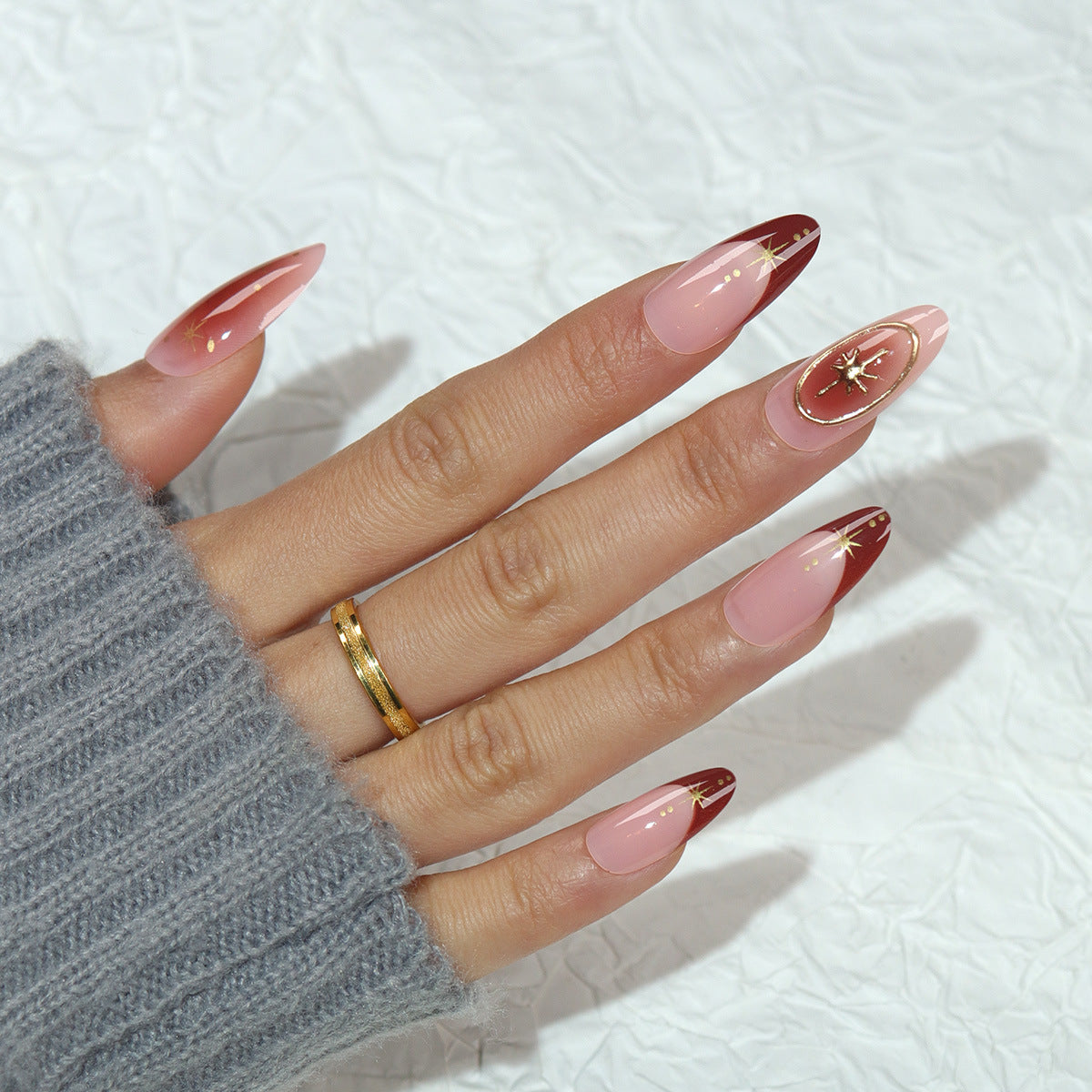 Chic Elegance Long Almond Pink and Burgundy with Dazzling Metallic Accent Press On Nail Set
