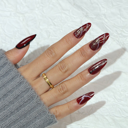 Enchanting Elegance Sharp Long Almond Red and Black Press On Nail Set with Glimmering Gold Accents
