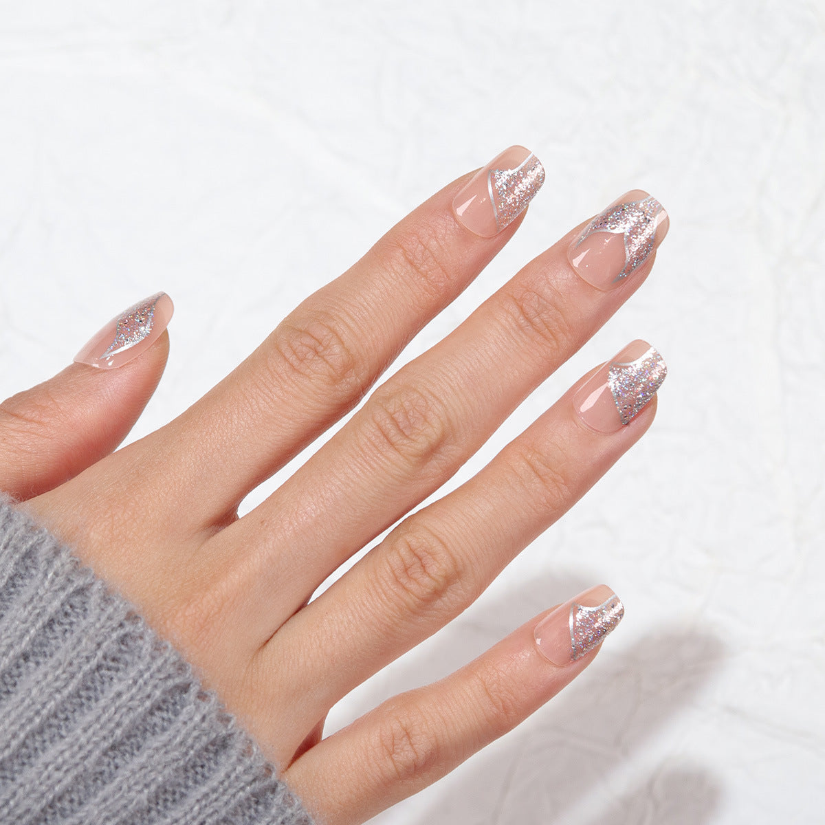 Glamorous Elegance Short Square Clear with Sparkling Glitter Accent Press On Nail Set