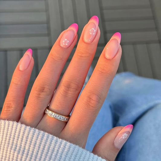 Blossom Dream Press On Nails Medium Length Almond Shape Pink Ombre with Delicate Floral Accent