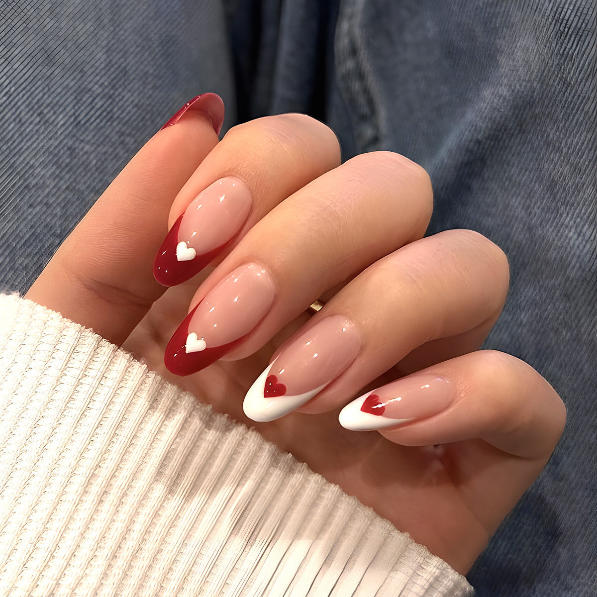 Romantic Statement Medium Oval Shaped Red and White Press On Nail Set with Heart Designs