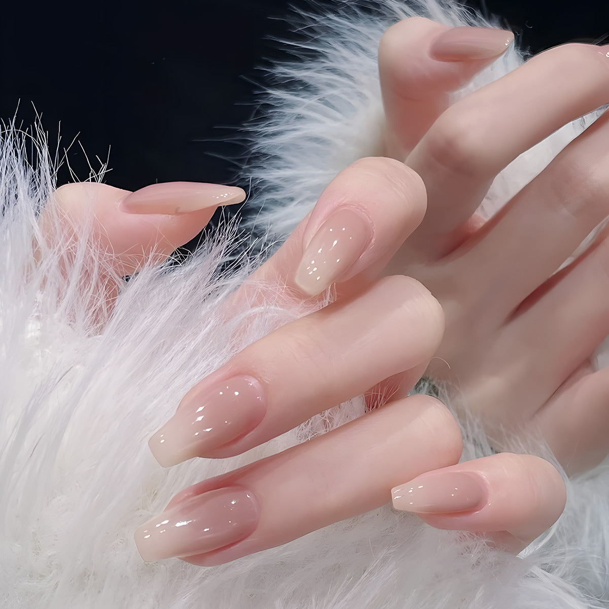 Chic Elegance Long Coffin Beige Press On Nail Set Featuring Ombre Effect