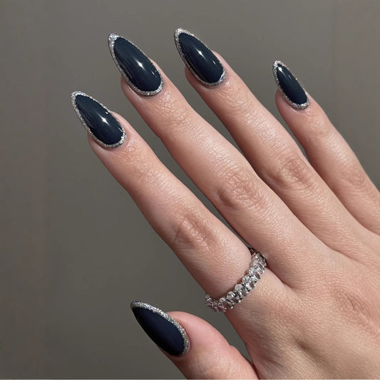 Gothic Elegance Medium Almond Caviar Black Nail Set with Glittery Tip Accents
