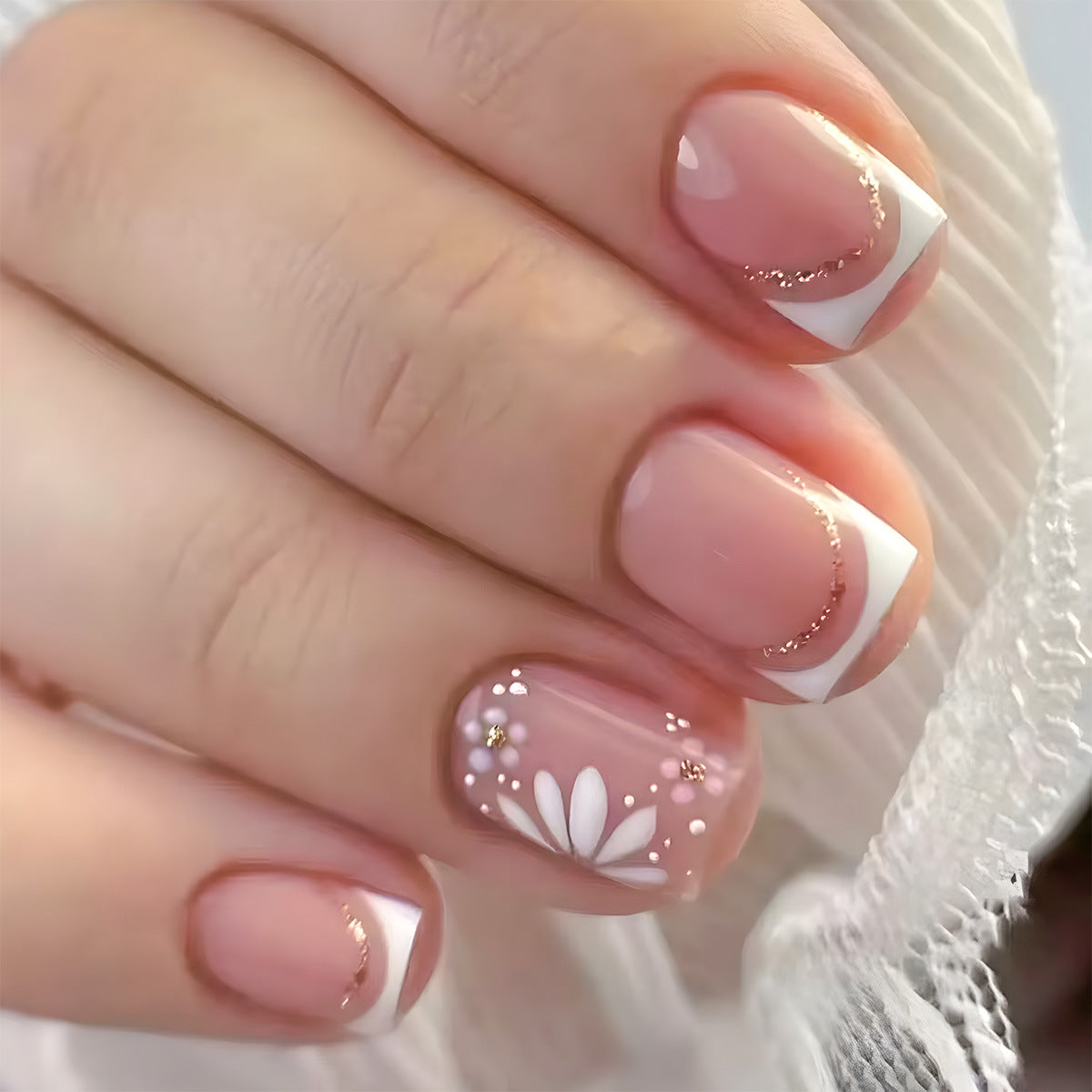 Whimsical Blossom Pink Short Square Press On Nail Set with Elegant White Tips and Charming Floral Design