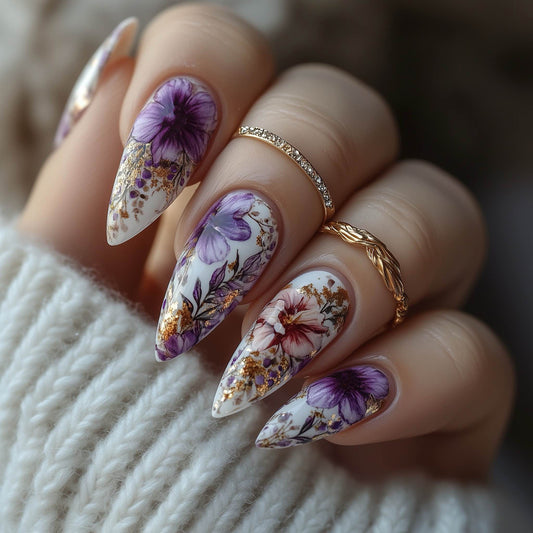 Enchanting Floral Elegance Medium Almond White Purple and Gold Glitter Press on Nail Set