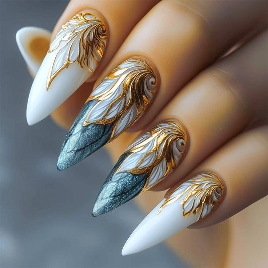 Glamorous Fantasy Long Almond White and Blue Gradient with Intricate Gold Detailing Press-On Nail Set
