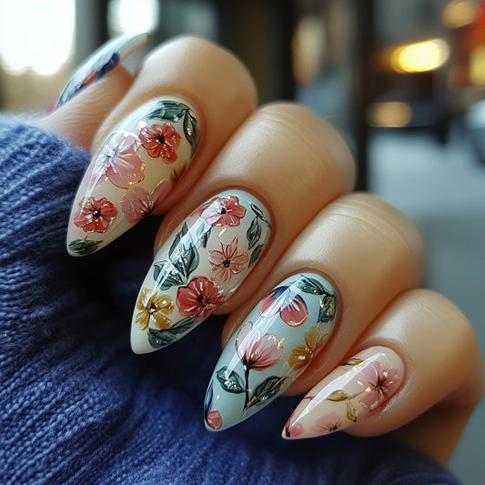 Garden Blooming Elegance Long Almond Floral Print Press On Nail Set