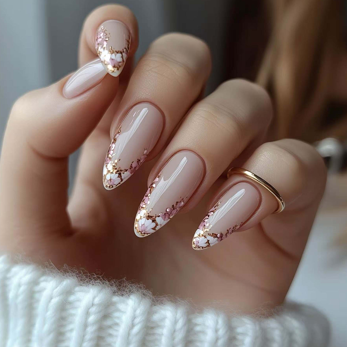 Blossom Elegance Long Almond Beige Floral Press On Nail Set with Gold Accent