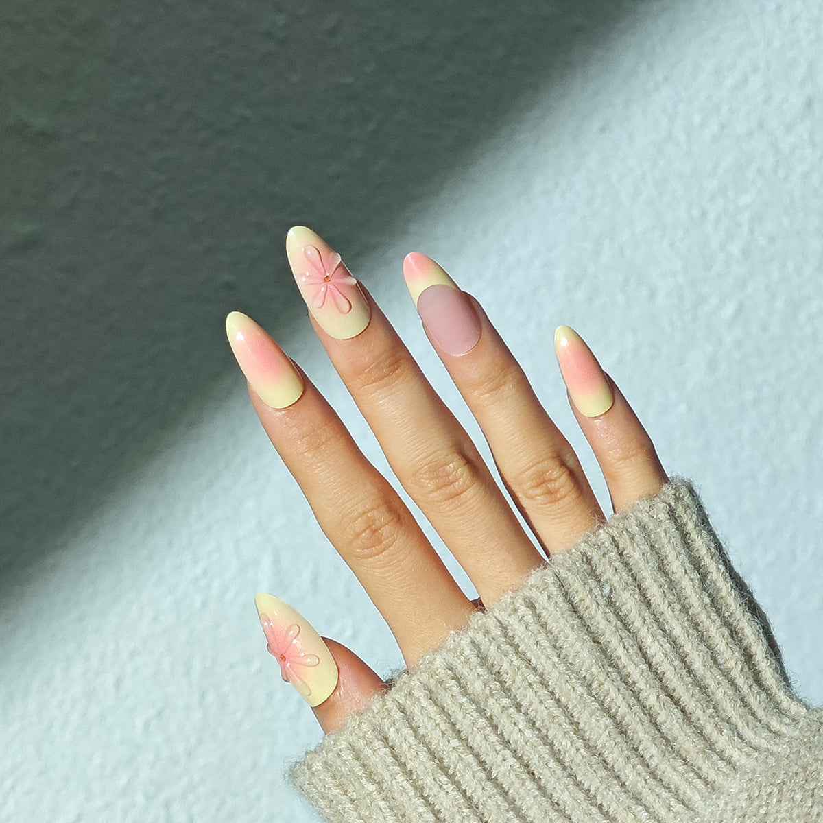 Blooming Serenity Elegant Long Almond Shaped Ombre Yellow and Pink Press On Nails with Floral Accents
