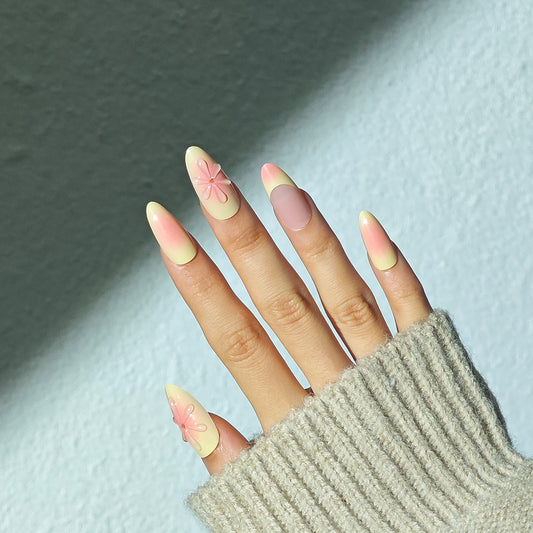 Blooming Serenity Elegant Long Almond Shaped Ombre Yellow and Pink Press On Nails with Floral Accents