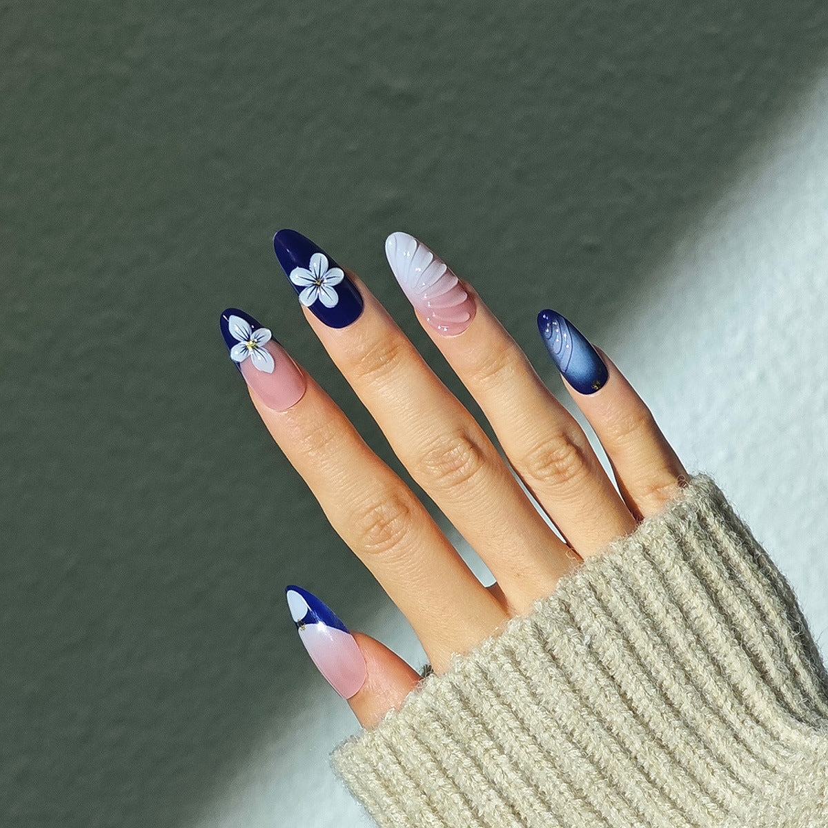 Floral Fantasy Long Almond Blue White Pink with Flower and Wave Designs Press on Nail Set