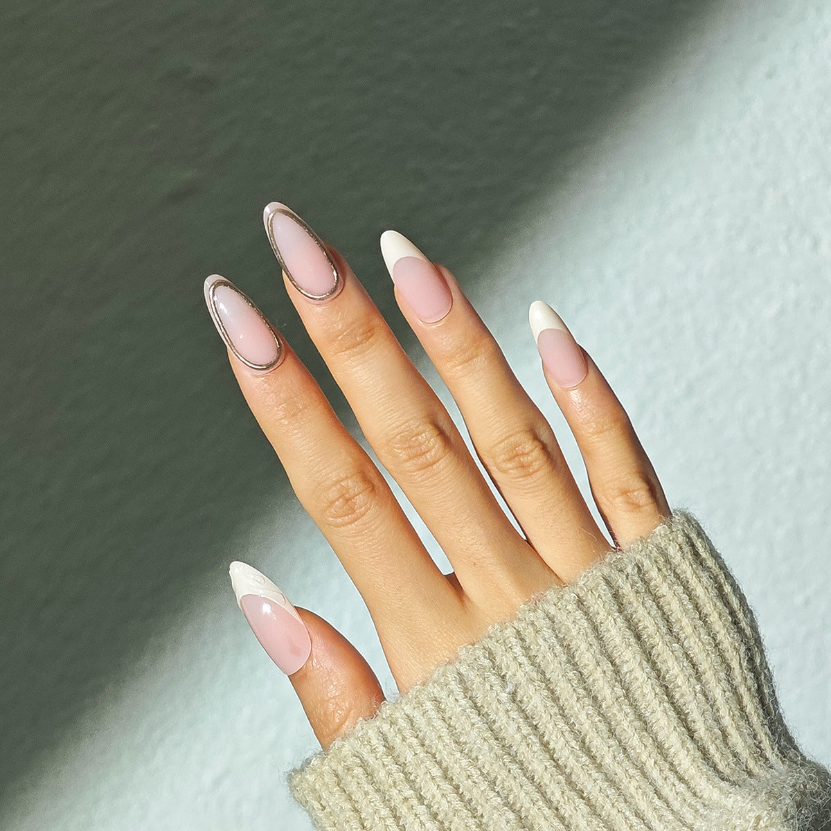 Chic Elegance Long Almond Pink and White Color Block Press on Nail Set with Glossy Finish