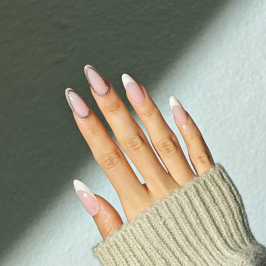 Chic Elegance Long Almond Pink and White Color Block Press on Nail Set with Glossy Finish