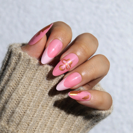 Charming Blossom Art Long Almond Pink Press On Nail Set with Glitter Accent