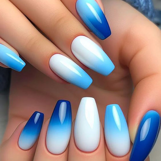 Ocean Breeze Glamour Medium Coffin Ombre Blue and White Press-On Nail Set for Stunning Summer Vibes