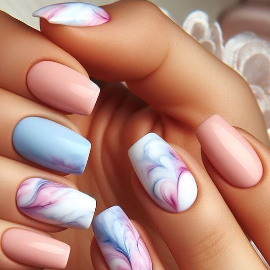 Chic Serenity Medium Coffin Pink and Blue Marble Effect Press On Nail Set